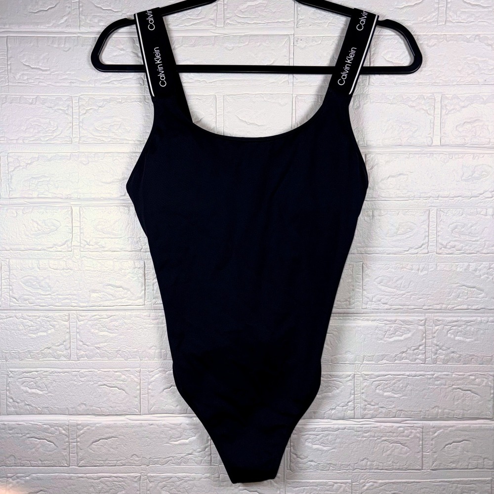 Calvin Klein One Piece Swimsuit Womens Small Black Logo Strap Sporty Swim